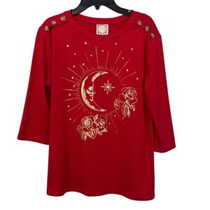 Truself Red Celestial Moon & Rose Graphic Top NWT Small
